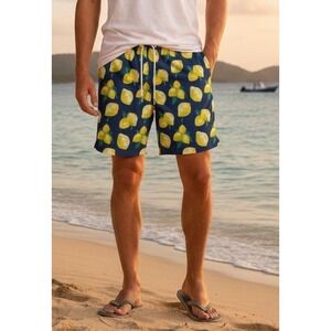 Rainforest Swim Trunks Mens XL Navy Blue Lemon Print Beachwear Resort Drawstring